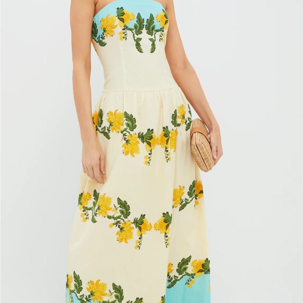 Anna Cate Collection Strapless Yellow Floral Maxi Dress with Blue Bodice